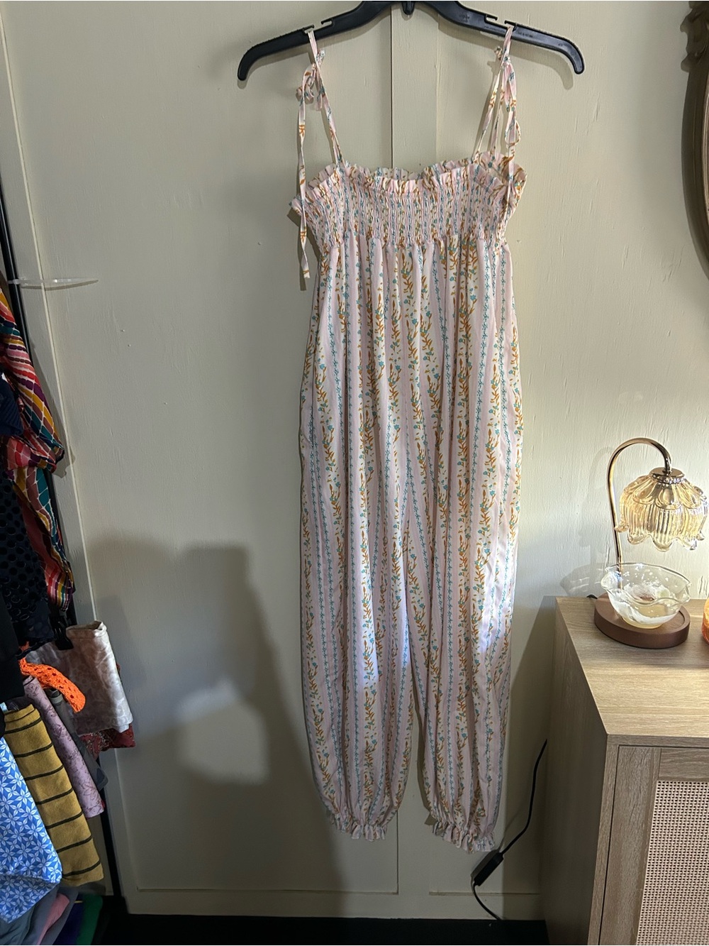 Floral Smocked Harem Jumpsuit Tie Straps Boho Cottagecore Medium - Picture 3 of 9